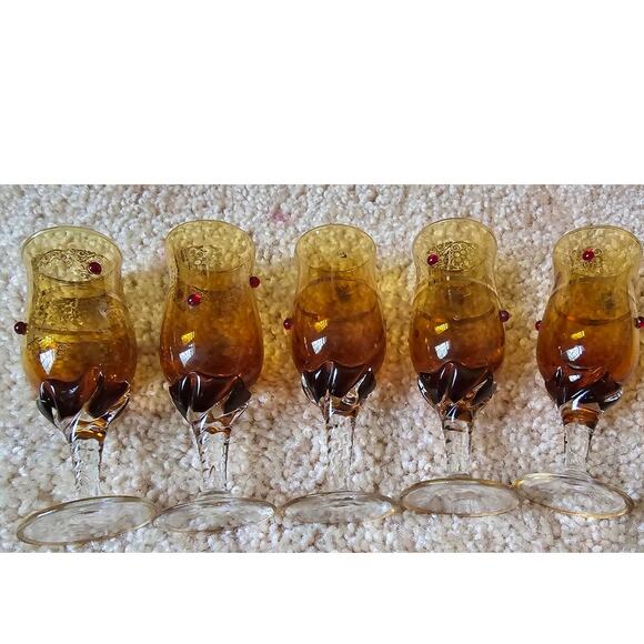 5 1930 Murano Tulip Cordial Glasses 22k Gold Trim and Filigree w/ Red Jewels - Picture 14 of 15